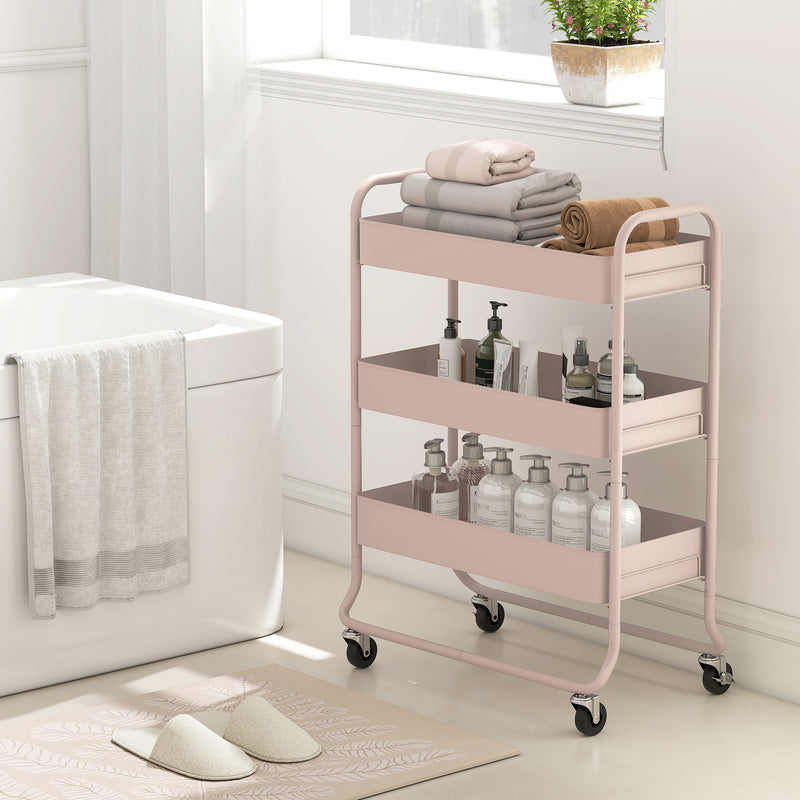 3 Tier Rolling Storage Trolley With Mesh Baskets For Kitchen Or Bathroom Use Light Pink
