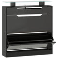 Shoe Organiser  Cabinet with Flip Doors and Glass Top Ideal for Hallways and Entryways, Black