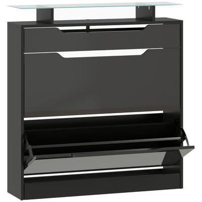 Shoe Organiser  Cabinet with Flip Doors and Glass Top Ideal for Hallways and Entryways, Black