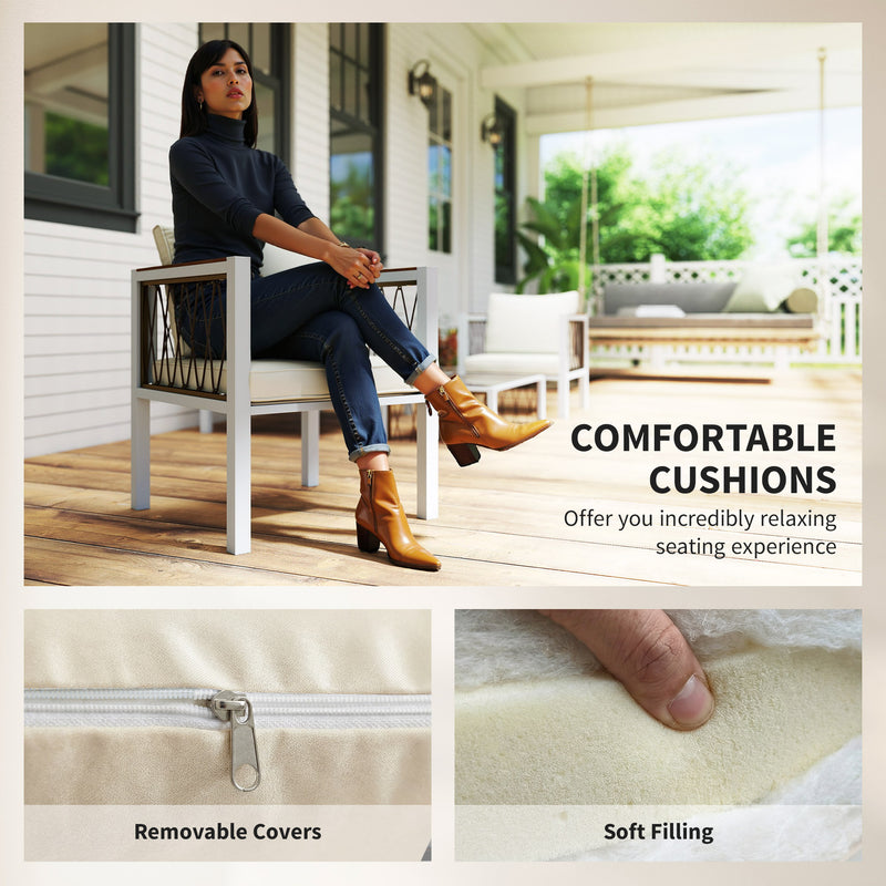 Rattan Garden Furniture Set for 4 with Cushions and Glass Coffee Table Cream White