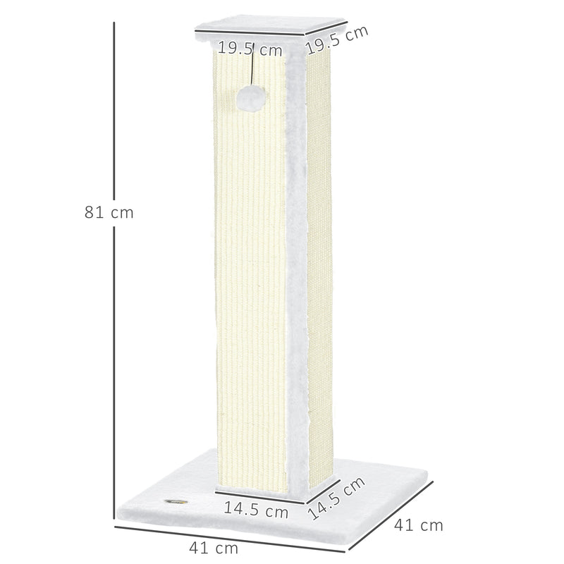 White 81cm Cat Scratcher with Sisal Rope Hanging Ball and Soft Plush by PawHut