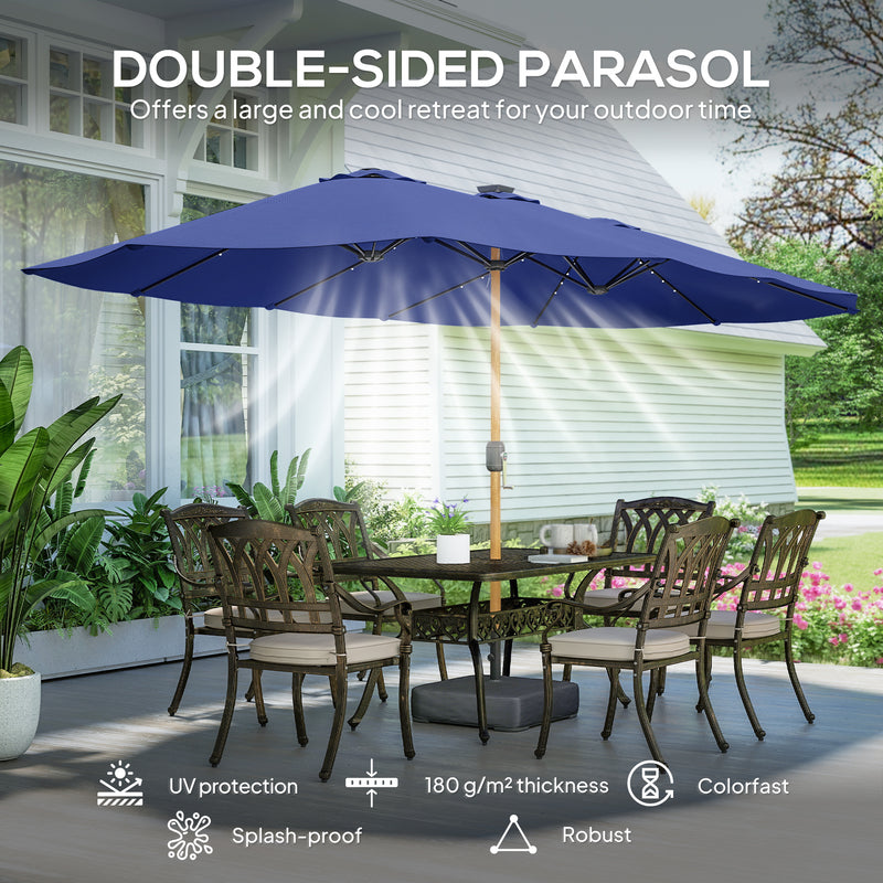 Double Garden Parasol with Extra-Large Canopy and Lights for Shaded Outdoor Dining. Navy Blue
