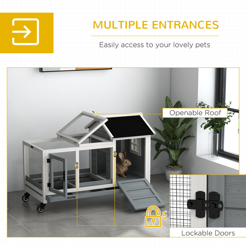 Wooden Rabbit Hutch With Removable Tray and Wheels Ideal for Guinea Pigs Grey