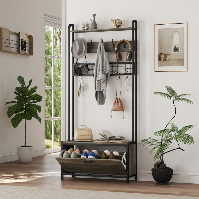5 in 1 Industrial Hallway Coat Rack With Bench Shoe Storage And Hooks, Grey Black
