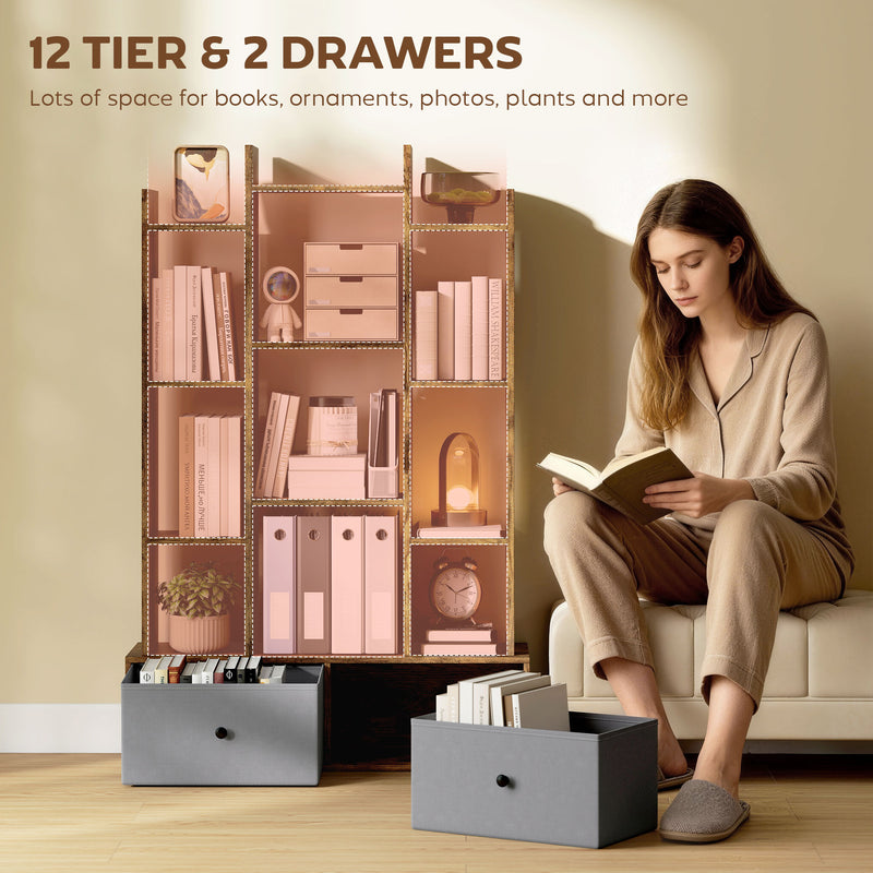 12 Shelf Storage Unit With Drawers For Home Office Or Bedroom Organisation Brown AOSOM