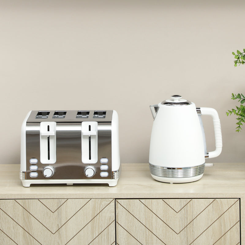 Stainless Steel Kettle and 4 Slice Toaster Set with Rapid Boil and Browning Control, White and Silver