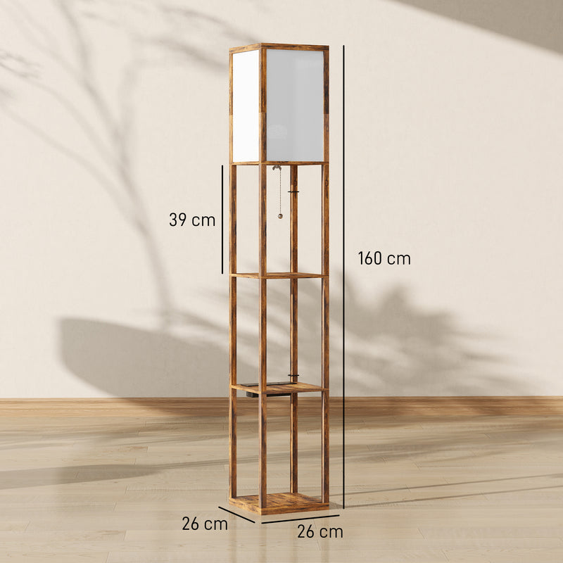 Floor Lamp With Shelves For Living Room or Bedroom - USB Charging Ports, Rustic Brown Homcom