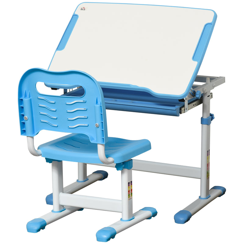 Blue Kids Height Adjustable Desk and Chair Set With Tilting Top and Storage Drawer