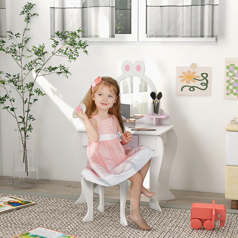Kids Dressing Table with Mirror and Stool Ideal for Bedroom or Playroom, White and Pink