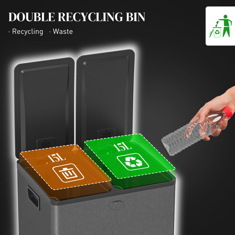 30L Dual Compartment Recycling Bin With Deodoriser Holders For Kitchen Use Black