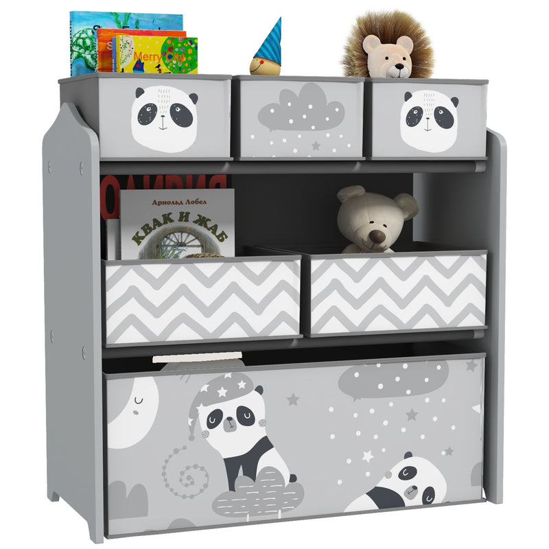 Grey Kids Toy Storage Unit with Six Fabric Bins for Bedrooms and Playrooms by ZONEKIZ