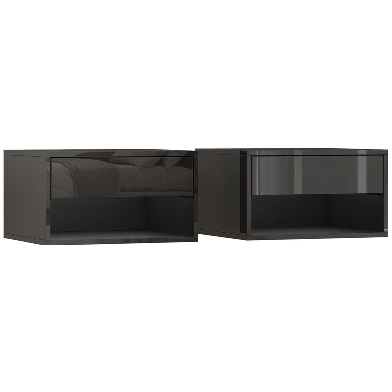 Floating Bedside Tables Set of 2 with Drawer and Shelf Space Saving High Gloss Black AOSOM