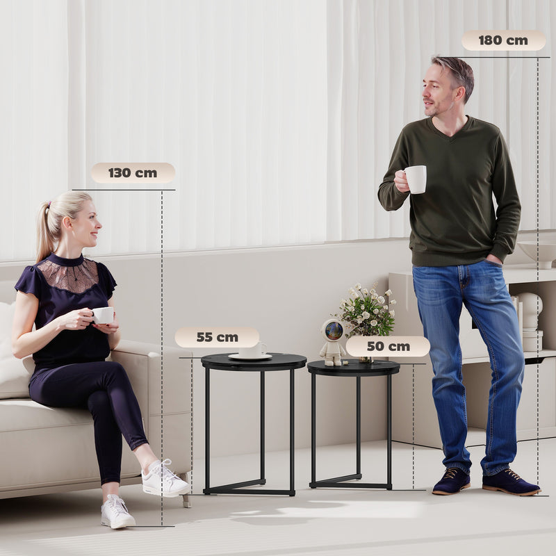 Round Coffee Tables, Nesting Tables Set For Living Room - Black Marble Effect Tops Space Saving Design