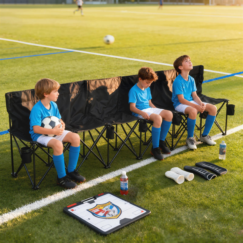 Folding 6 Seater Outdoor Bench with Cup Holders and Carry Bag for Events Black