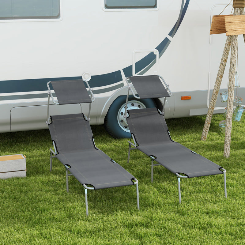 Set of 2 Grey Foldable Sun Loungers with Adjustable Backrest and Sun Shade for Garden