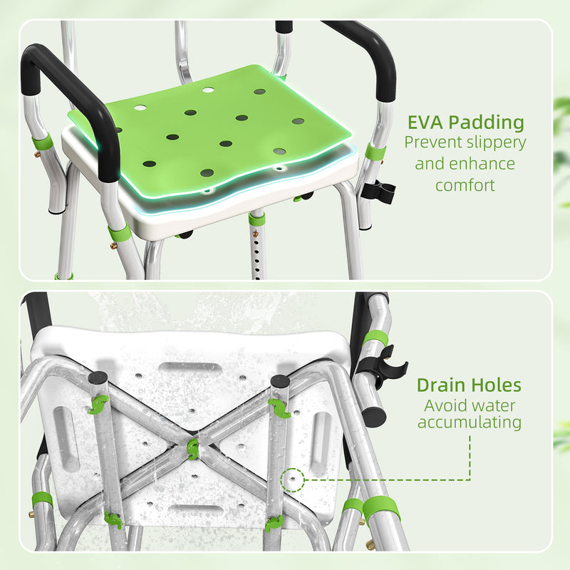 Height Adjustable Shower Chair With Backrest and Armrests For Elderly and Disabled Green