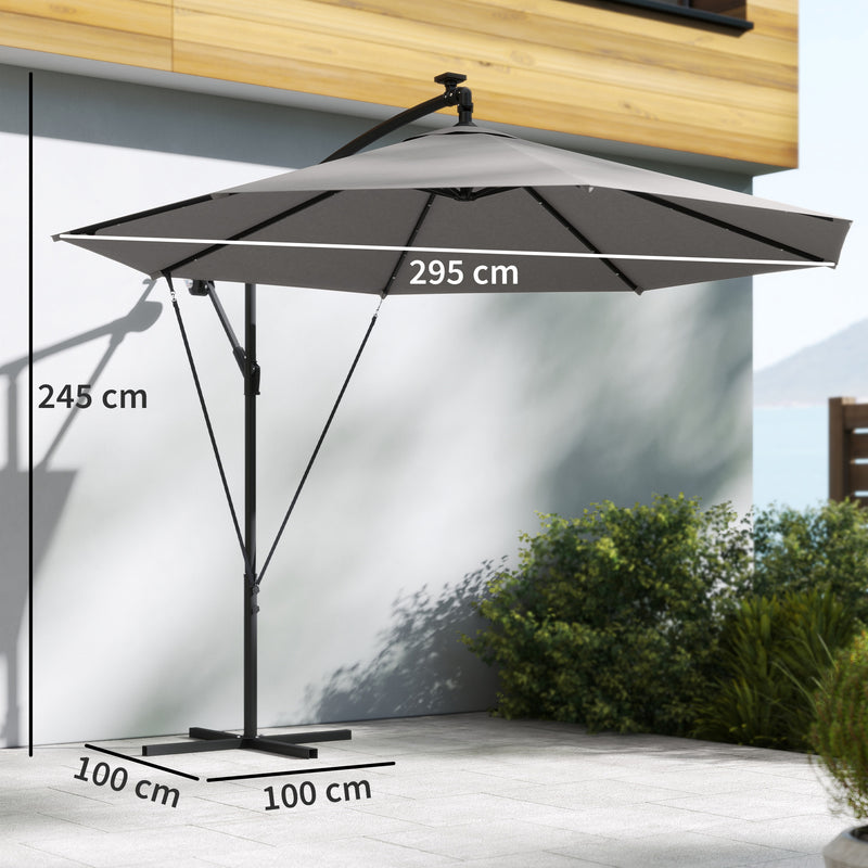 Cantilever Garden Parasol with Solar LED Lights for Shaded Outdoor Seating Light Grey Outsunny