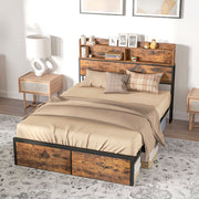 Industrial Double Bed Frame with Storage Headboard and Slatted Base for Adults Rustic Brown