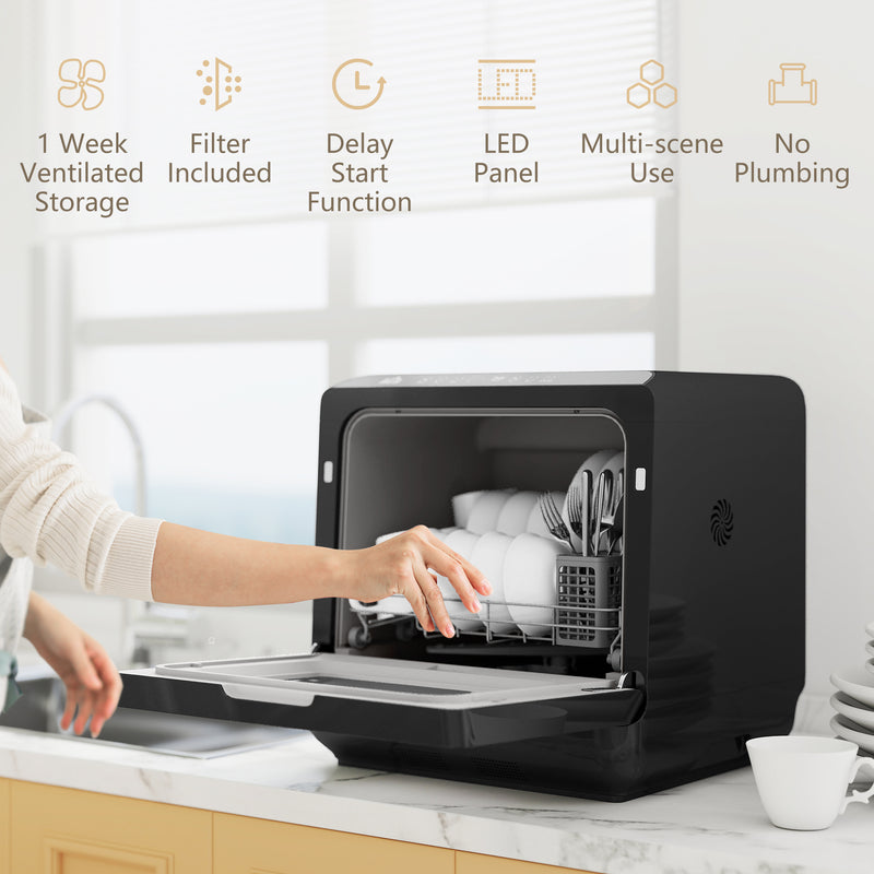Mini Table Top Dishwasher 6 Programmes With Built In 6L Tank Ideal For Small Kitchens Black