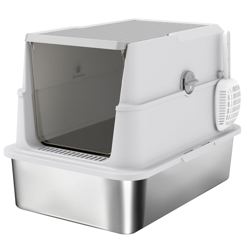 Extra Large Stainless Steel Cat Litter Tray With Scoop And Flip Top Lid For Easy Cleaning, Silver