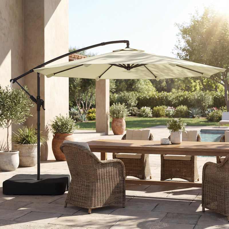 3m Beige Cantilever Umbrella For Patio with Base - 360 Degree Shade - Top Vent - Crank Handle