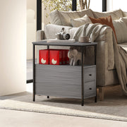 Narrow Grey Wood Bedside Table with 2 Drawers and Shelf for Small Spaces
