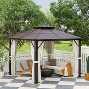 3 x 3m Hardtop Garden Gazebo with Polycarbonate Roof and Curtains Beige by Outsunny