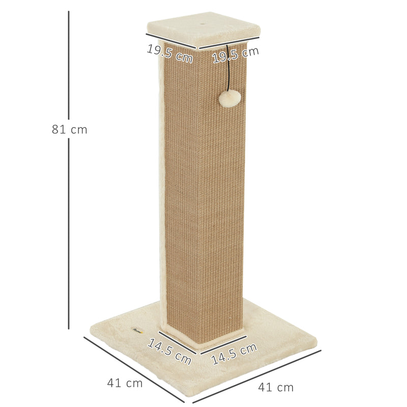81cm Beige Cat Scratcher with Jute Rope Hanging Ball and Soft Plush Cover by PawHut