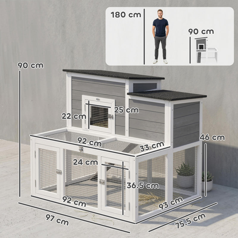 Two Level Rabbit Hutch with Easy Clean Tray and Secure Run for Indoor or Outdoor Use Grey AOSOM