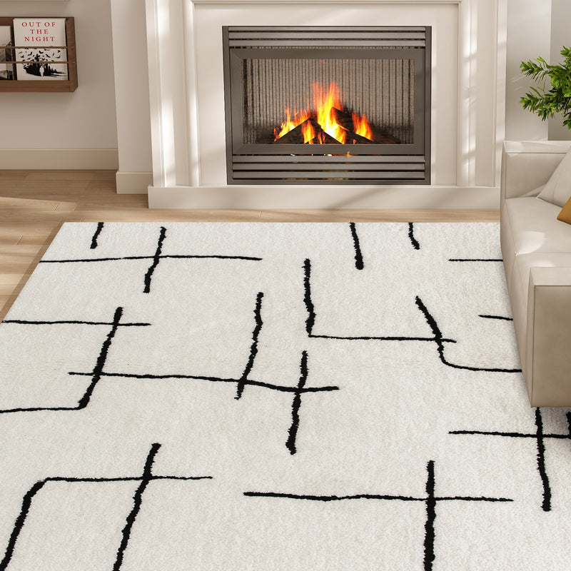 Soft High Pile Geometric Area Rug Washable Floor Carpet for Living Room or Bedroom, Cream