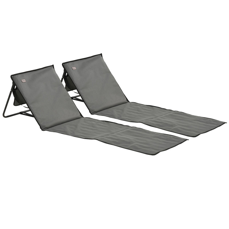 Set of 2 Foldable Beach Loungers with Adjustable Backrest and Side Pocket, Grey Outsunny