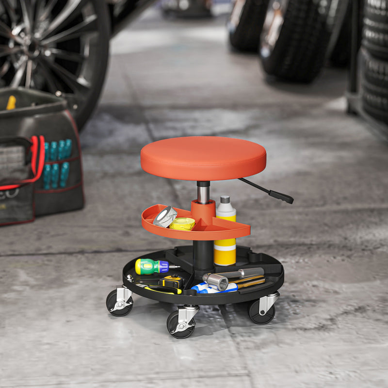 Mechanic Rolling Stool with Height Adjustment and Tool Trays for Garage and Workshop Yellow AOSOM