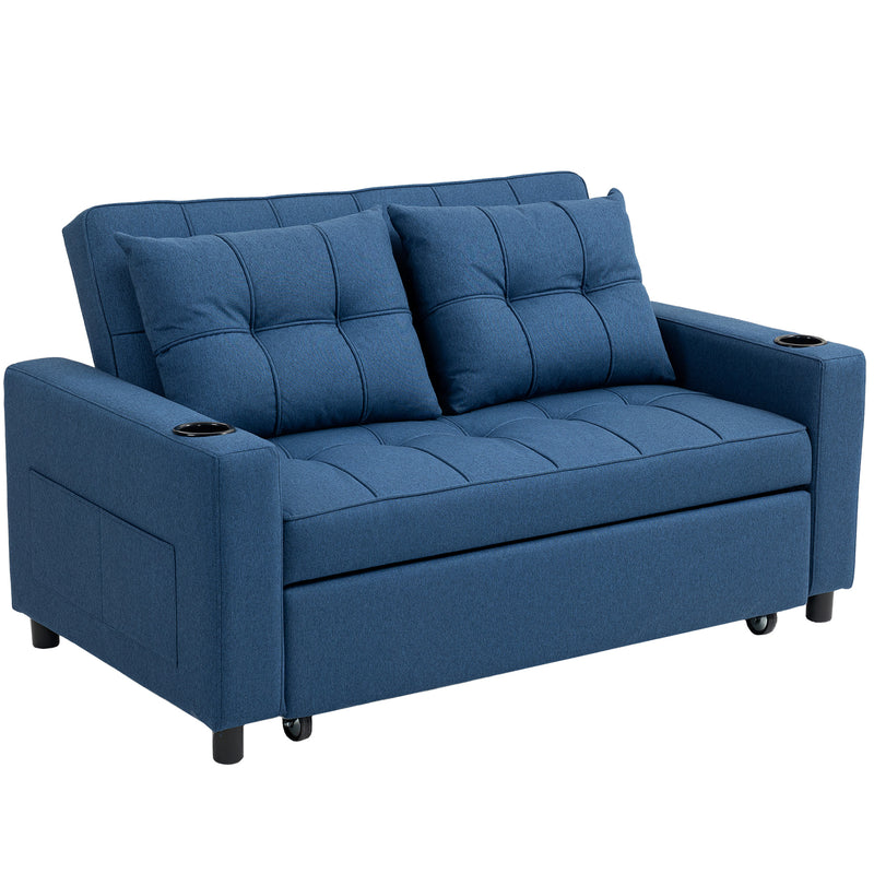 2 Seater Sofa Bed with Storage Pockets and Full Size Pull Out Bed Dark Blue