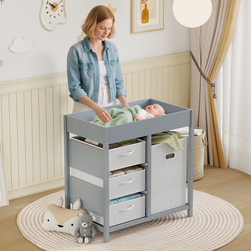Baby Changing Unit With 4 Storage Drawers and Padded Mat for Nursery or Bedroom Grey