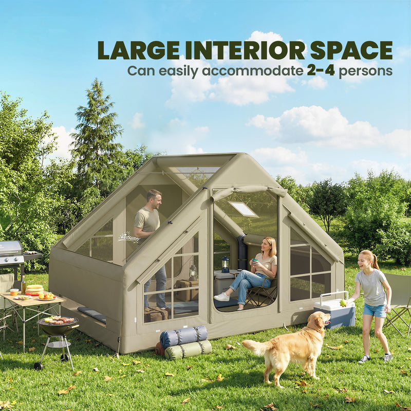 Inflatable Camping Tent With Pump, Stove Jack, Mesh Windows, 2–4 Person, Olive Green