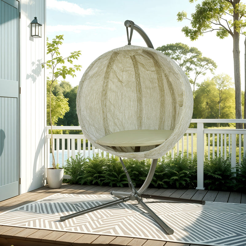 Khaki Hanging Egg Chair with Stand Thick Cushion and Cup Holder for Garden or Indoor Use by Outsunny