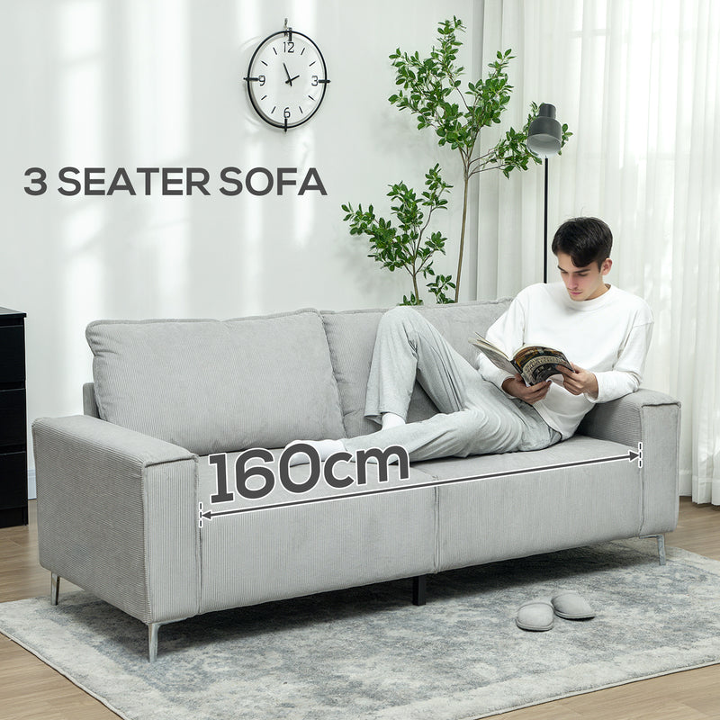 Light Grey Three Seater Corduroy Sofa Comfortable Modern Design by HOMCOM