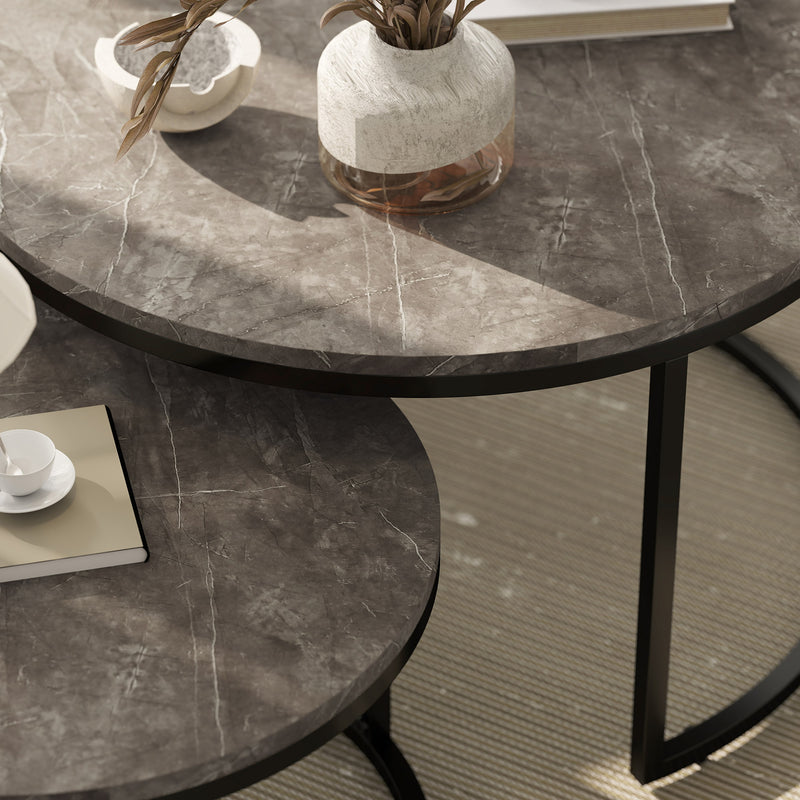Set of 2 Round Nesting Coffee Tables with Faux Marble Top Steel Frame for Living Room Black