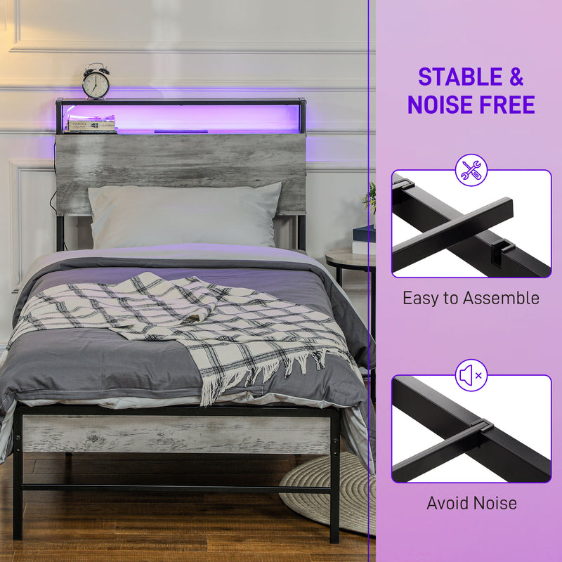 Grey Single Steel Bed Frame with LED Lights and Headboard Shelf by HOMCOM