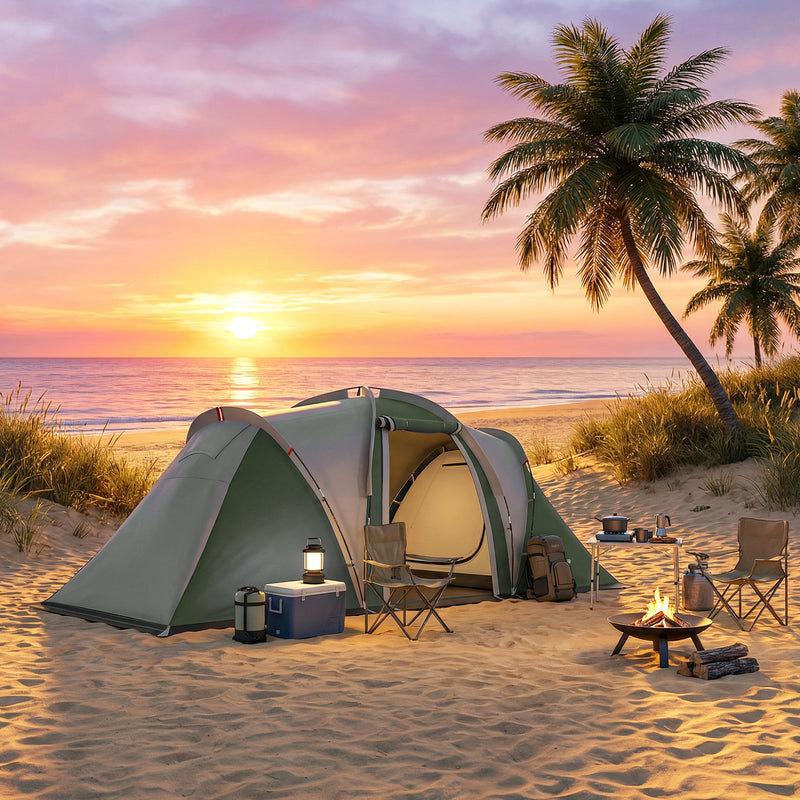 4-6 Person Waterproof Tunnel Camping Tent With 2 Bedrooms, Living Room & Porch, Green