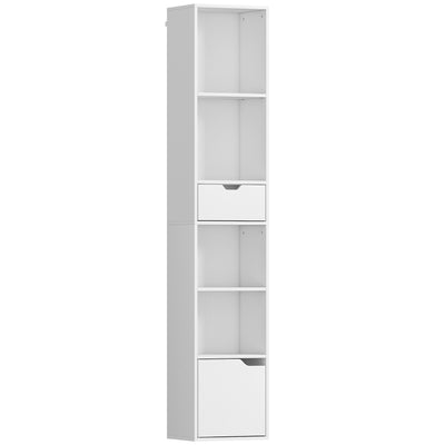 Tall 6 Tier Narrow Bookcase With Drawer and Storage Cabinet for Home Office White AOSOM