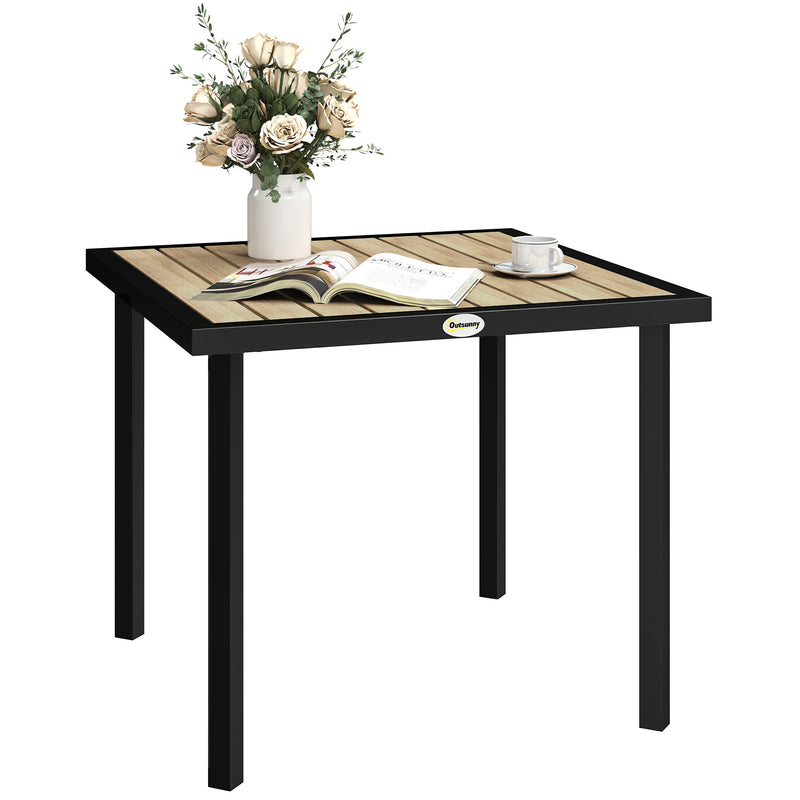 Brown Square Garden Dining Table Slatted Top with Parasol Hole Metal Frame by Outsunny