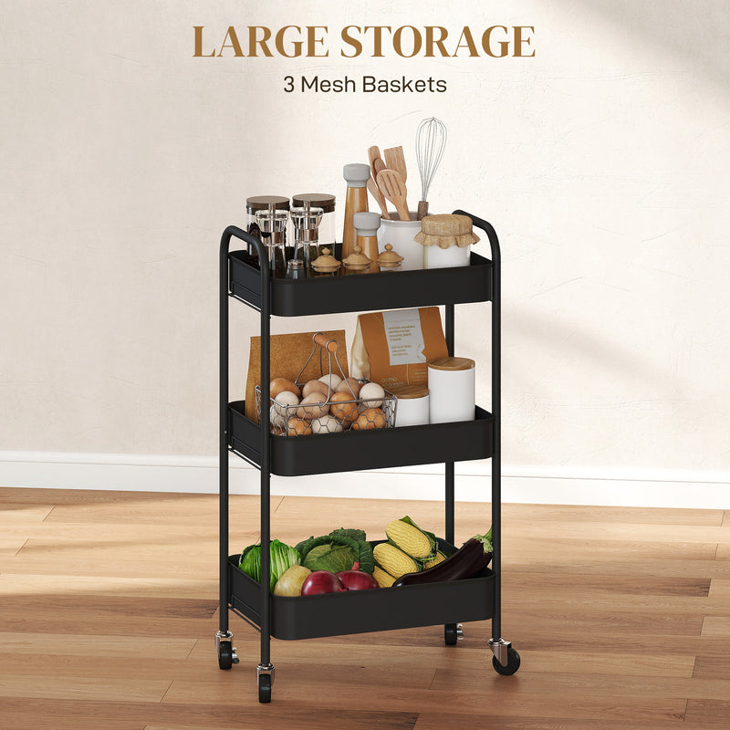 Three Tier Steel Storage Trolley With Lockable Wheels For Home Or Office Use Black