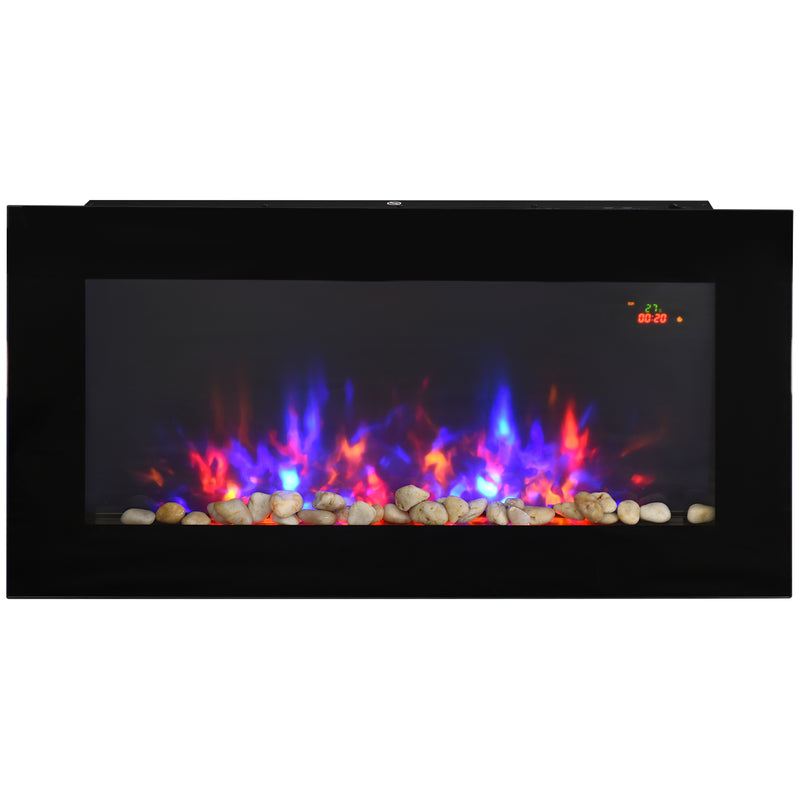 Black LED Wall Mounted Electric Fireplace With Curved Glass For Modern Living Rooms