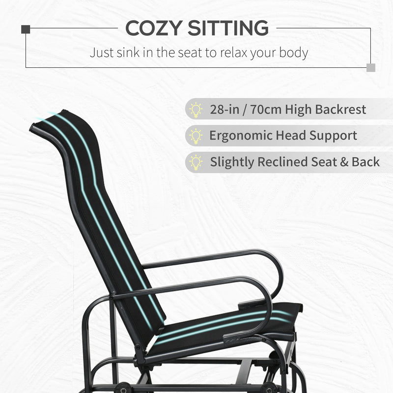 Black Outdoor Glider Rocking Chair with Metal Frame for Relaxing in the Garden