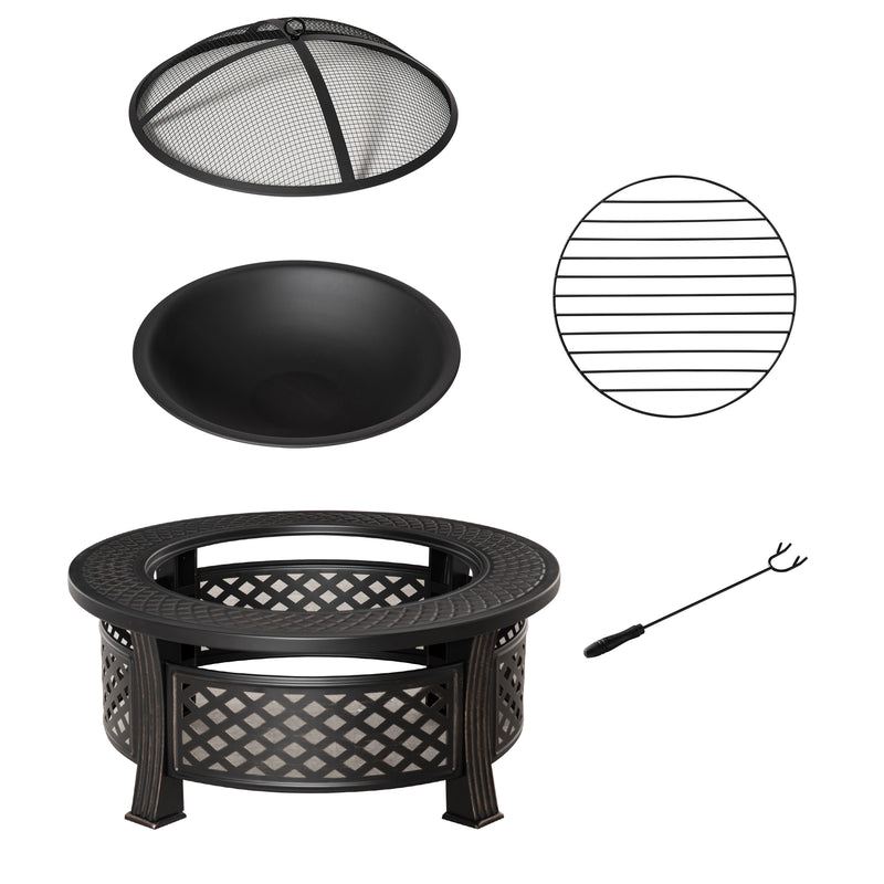 Fire Pit with Grill and Tabletop for Outdoor Heating and Cooking Bronze Outsunny