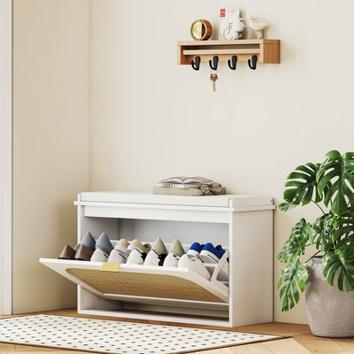 Boho Shoe Storage Bench with Padded Seat and Flip Drawer for Hallway Organisation White