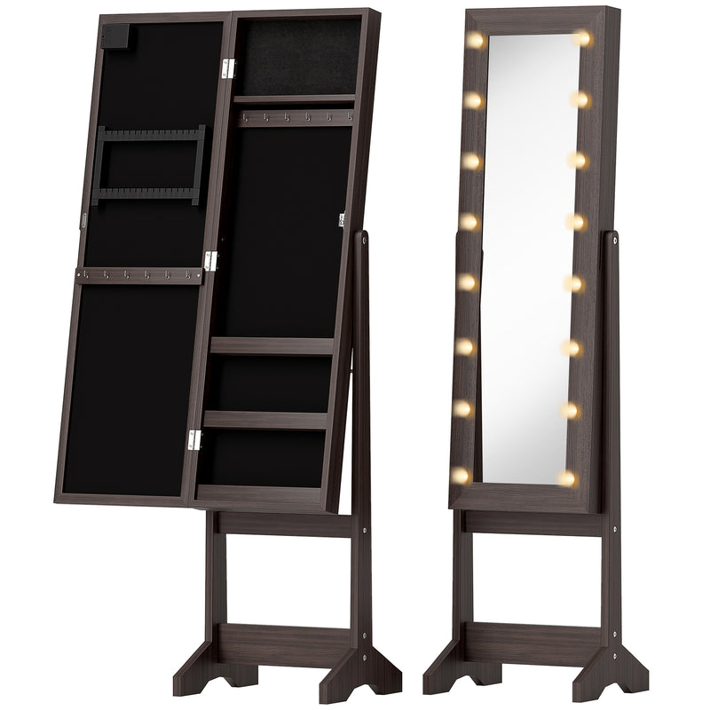 Full Length Jewellery Cabinet Mirror with LED Lights and Adjustable Angle, Dark Brown