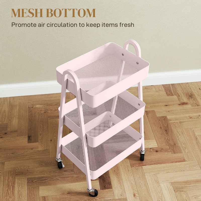 Pink Three Tier Rolling Storage Trolley with Wheels for Home or Office Use