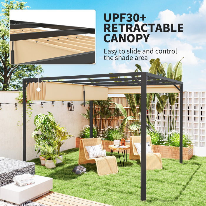 3 x 3m Aluminium Pergola with Retractable Roof and Wall Khaki by Outsunny